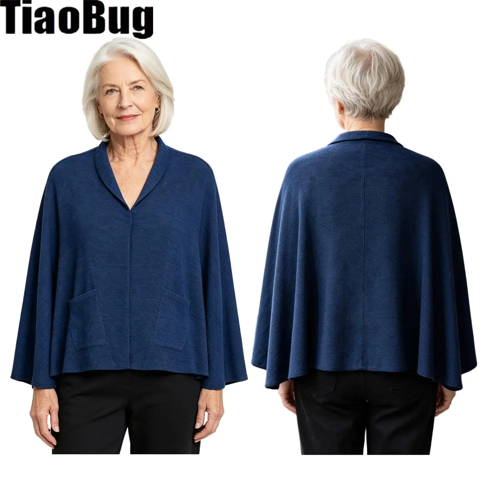 Women Elderly Adaptive Warm Cape Shawls V Neck Button-down Cardigan with Pockets Special Need Clothes for Nursing