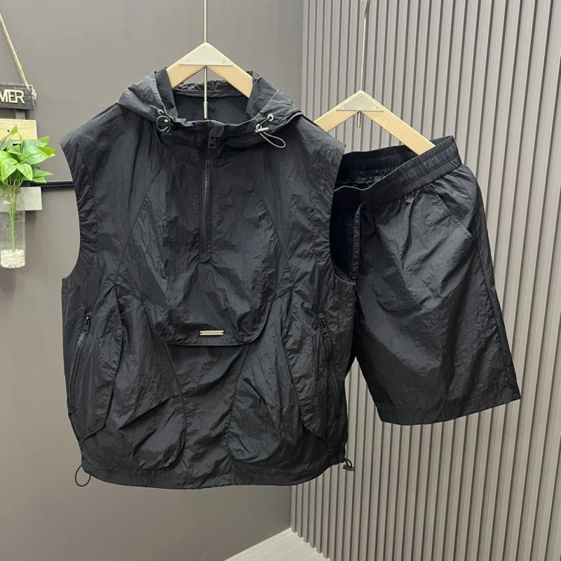 

Summer Thin Men Hooded Vest Suits Tank Tops And Shorts Two Piece Set Loose Casual Zipper Half Cardigan sleeveless Hoodie Outfits