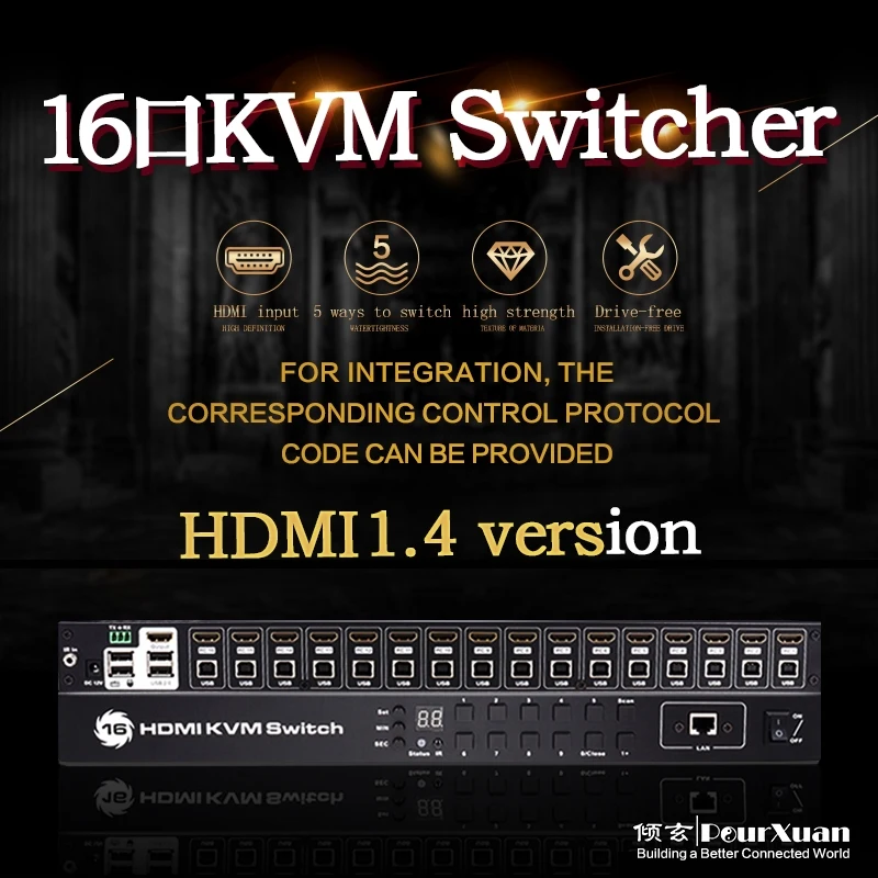 

1U RJ45 232 HDMI Switch KVM Switch Dual Monitor 16 In 1 Out Sharing Printer Keyboard Mouse 16 Ports 4K HDMI KVM Switch for 16 PC