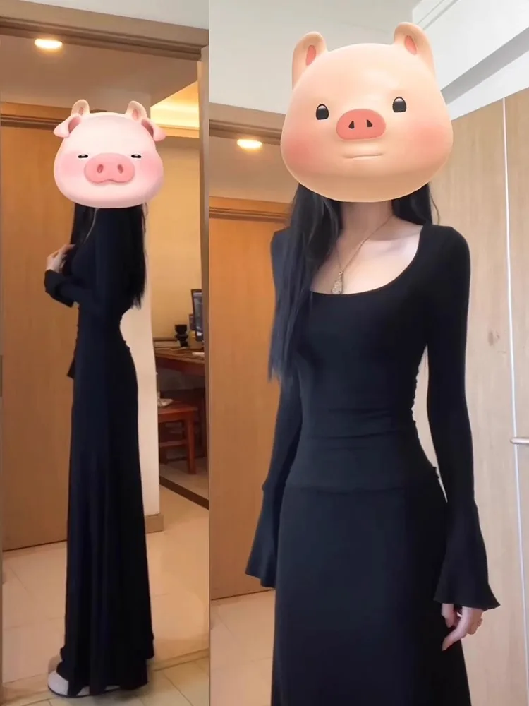 긴소매 여성 민사 결혼식 가을 니트웨어 스모크 버튼 패널 허리 조임 레귤러 핏 프레피 스타일 우아한 드레스