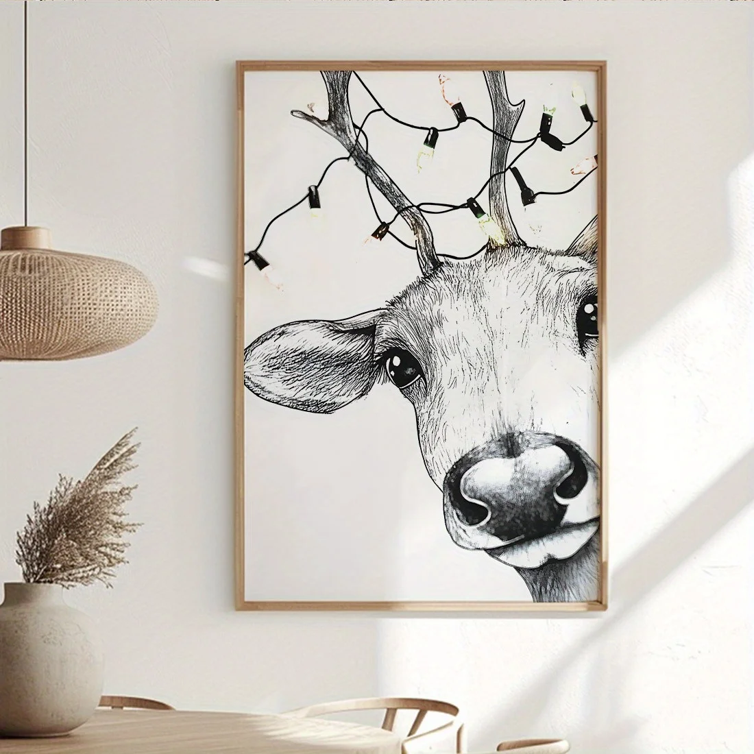 1pc frameless Canvas Painting Cute Cartoon Reindeer Canvas Print Merry Christmas Black White Wall Art Poster for Modern Living R