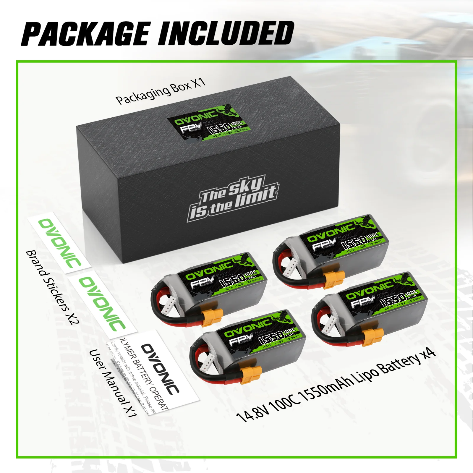 OVONIC 4S 1550mAh 14.8V Lipo Battery with Soft Case And XT60 Connector for FPV 100C 2/4 Pack High Discharge Rate