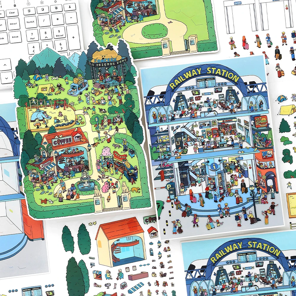 

Kawaii 3D Cartoon Park Train Station Miniature Scene Stickers DIY Handmade Stacking Fun Scrapbook Stickers Festival Gifts