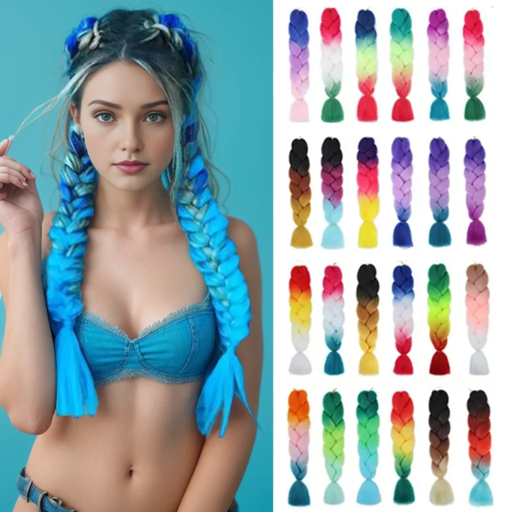 

Synthetic Jumbo Braids Wig 24Inch Three-color Gradient Braiding Hair Extensions Fake Hair For Women DIY Braid Pink Blue Purple