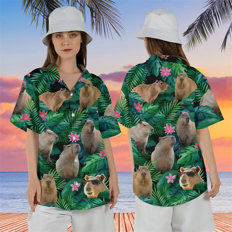 Capybara Hibicus Flower 3D Printed Shirts For Men Clothes Hawaiian Beach Shirt Casual Cute Animal Short Sleeve Women Blouses Top