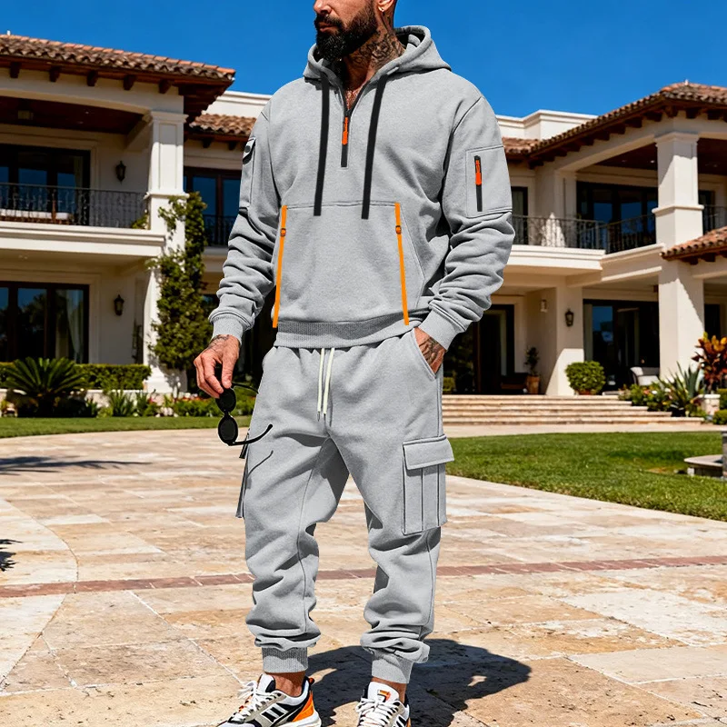 

Мужская спортивная толстовка-карго цвета хаки, толстовка с капюшоном на молнии и брюки для бега, комплект из 2 предметов