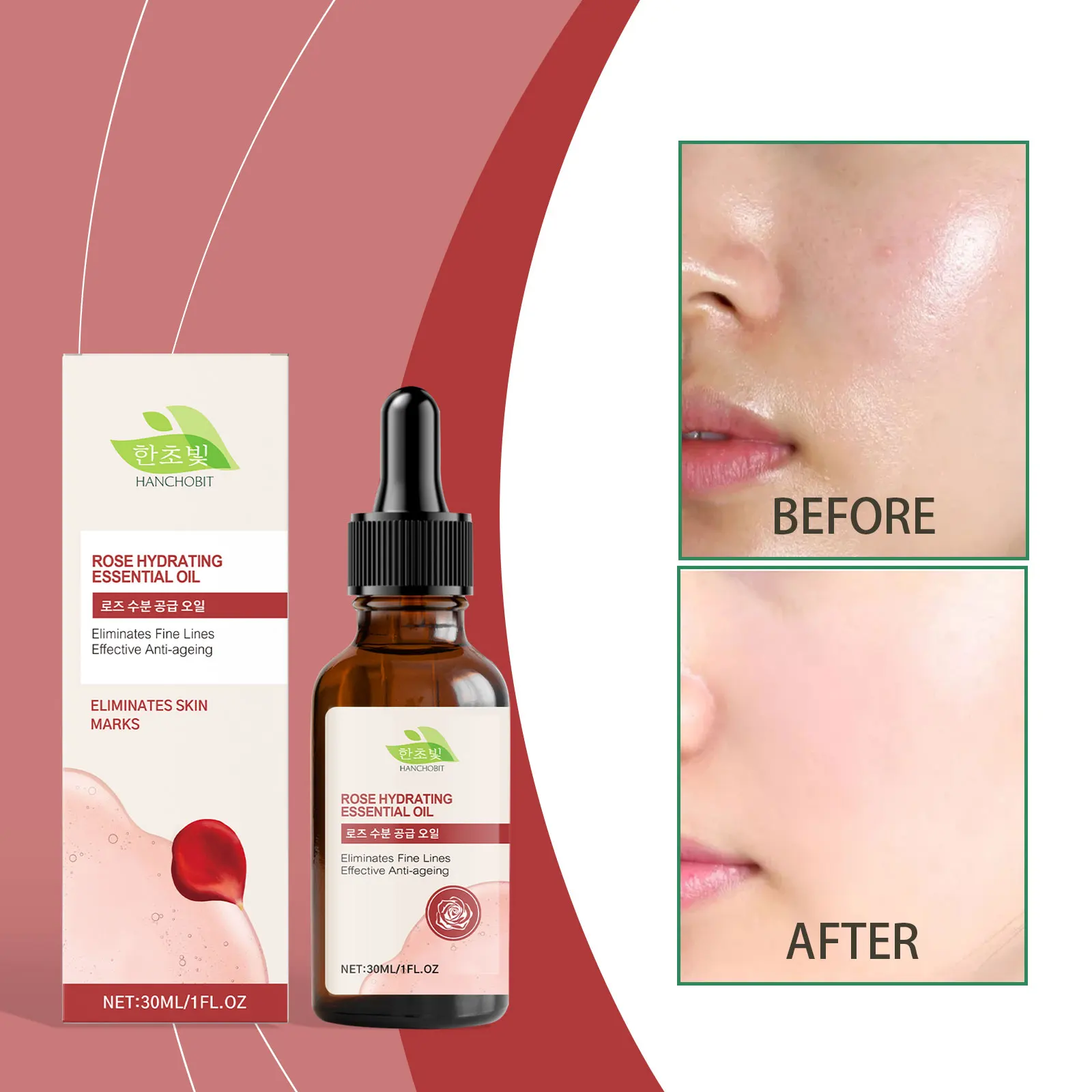 로즈 하이드레이팅 에센셜 오일 – 안티에이징 페이셜 오일, 보습 및 잔주름 제거, 피부 마크 밝게, 30ml/1 Fl Oz"