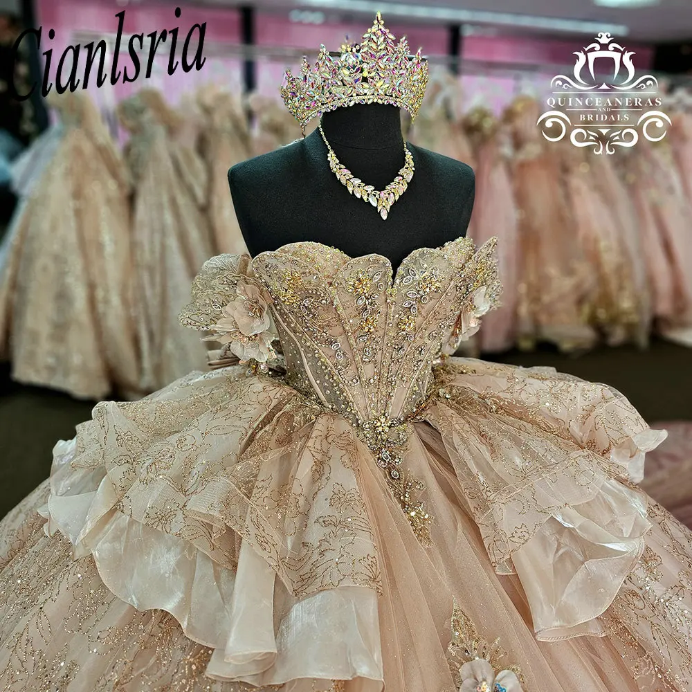 

Gold 3D Flowers Beading Crystal Quinceanera Dresses Ball Gown Sequined Appliques Ruffles For Sweet 15 Birthday Party Wedding