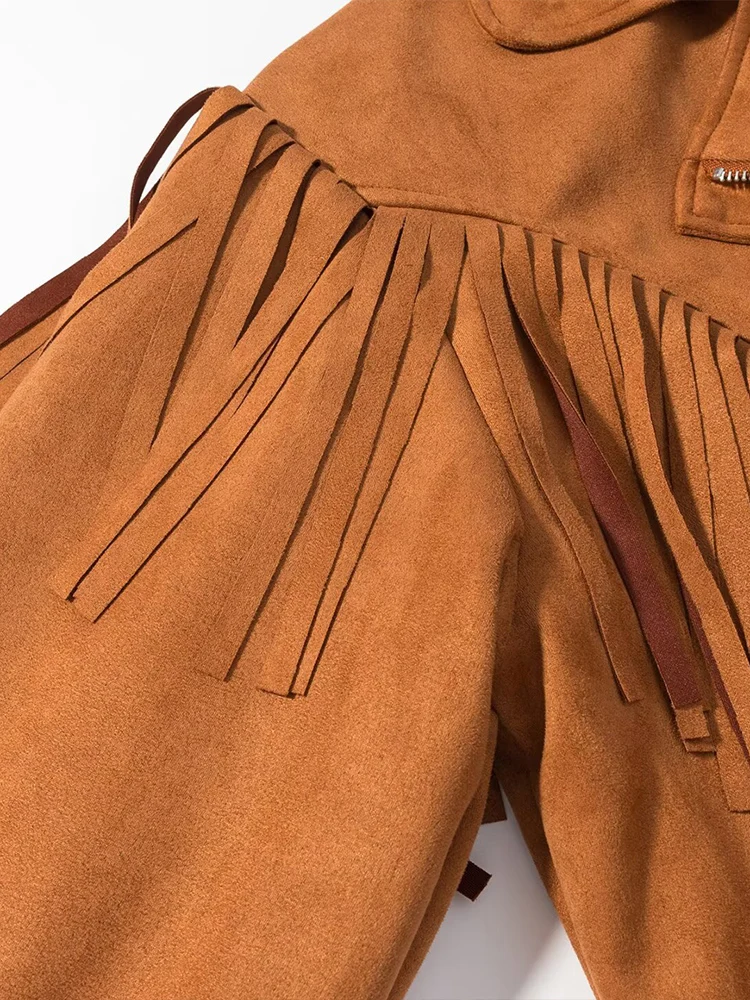 وصل حديثًا للخريف للنساء: سترة مقصوصة بأكمام طويلة وطية صدر السترة على الطراز الفرنسي القديم وأكتاف واسعة من جلد الغزال الصناعي