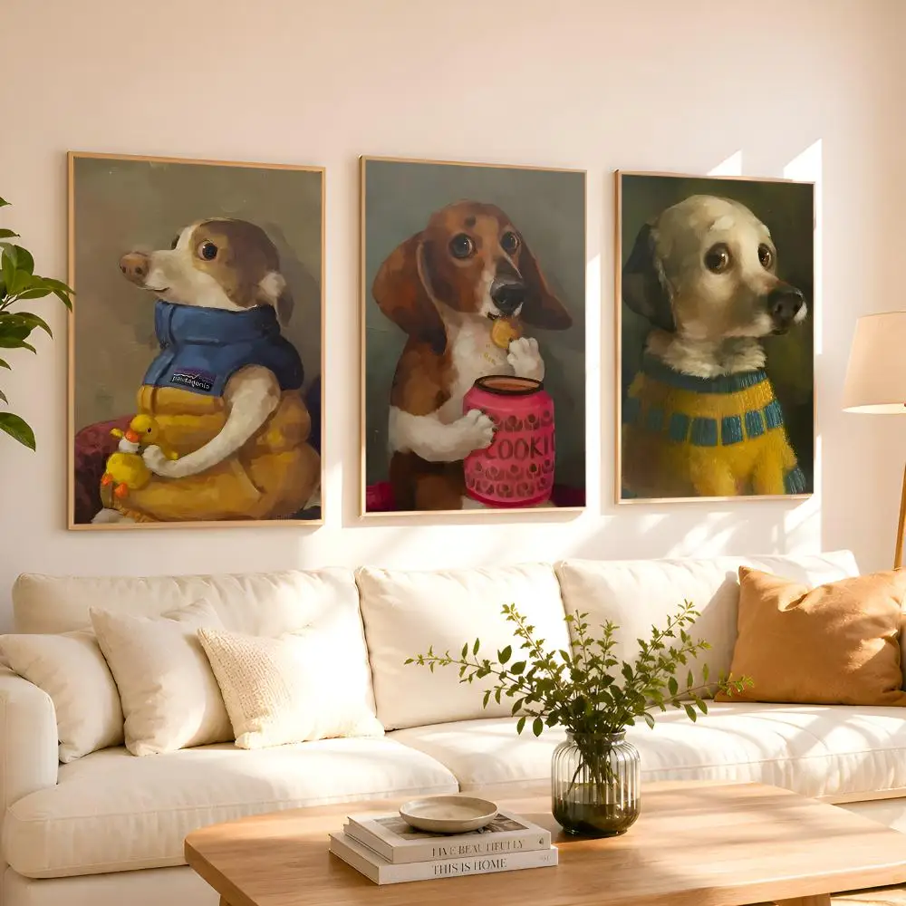 Funny Cute Puppy Dog Eating Pizza Vintage Animal Poster 1PC HD Matte Peel And Stick Wall Decor Bedroom Living Room Dorm Office