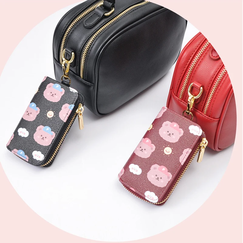 New Bear Print Large Capacity Women Key Holder Wallet Chain Zipper Car Keys PU Leather Cover Organizer Case Ladies Key Bag Small