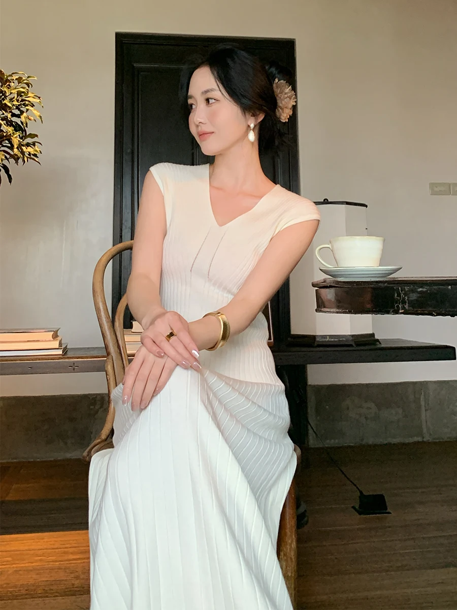 Robe tricotée sans manches pour femmes, Simple, couleur unie, col en v, ligne a, pull, décontractée, élastique, tricot, robe mi-longue