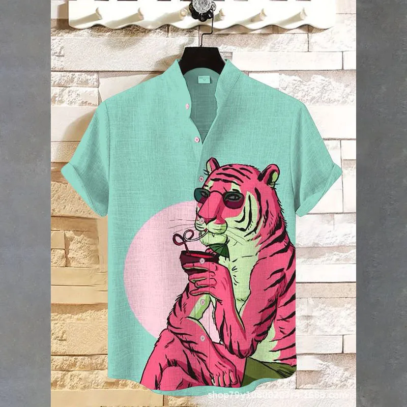 

Men's shirt trendy casual beach vacation shirt animal pink tiger men's shirt short-sleeved button cardigan