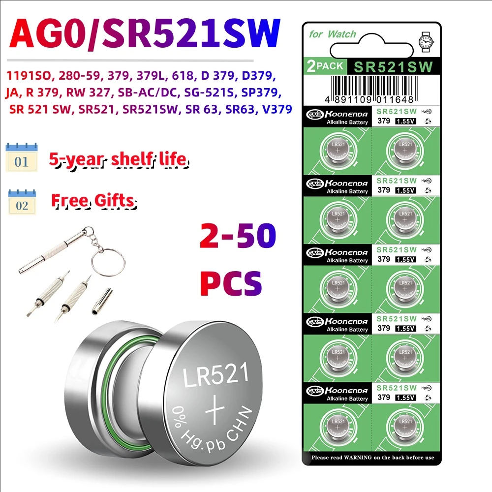 High Capacity 2-50PCS AG0 LR521 LR63 SR521 SR521S SR521SW SR63 379 SG0 Batteries 1.5v Alkaline Button Cell Battery For Watch