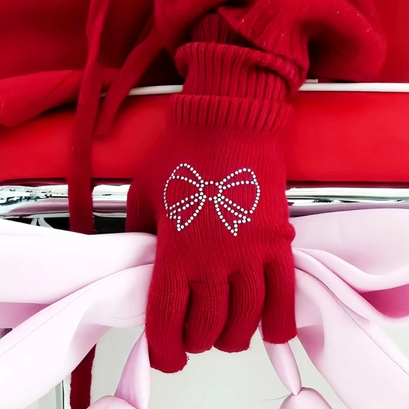 2pcs Bows Pattern Mittens Trendy Female Mittens Outdoor Activity Warm Gloves