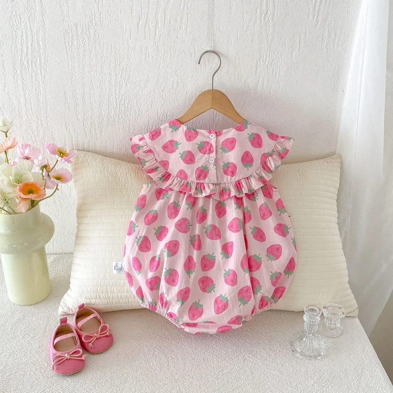 2026 Summer 3M-2Y Newborns Bodysuit Breathable Infant Romper Strawberry Pattern  Jumpsuit Cute Baby Girl Clothes 