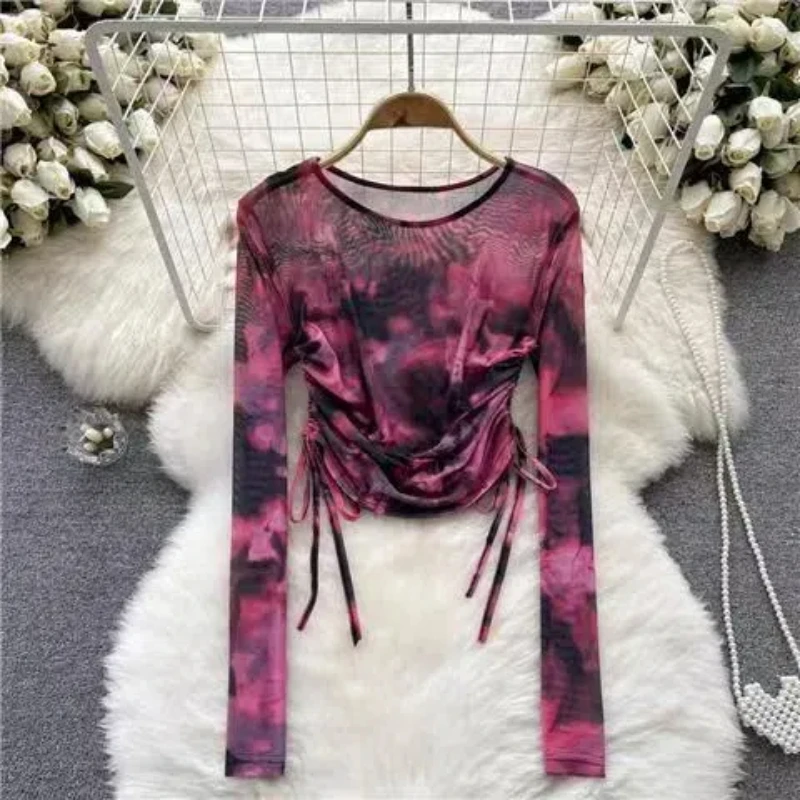 Tie Dye Drawstring Slim T Shirts Summer New Long Sleeve O-neck Net Yarn Thin Lacing Trend Tops Tees Casual Fashion Women Clothes