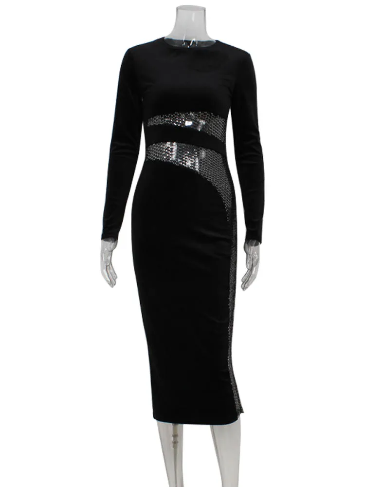 CNYISHE Sheer Mesh Patchwork Diamonds Bodycon Party Women Dresses Long Sleeve Sheath Outfits Sexy Club Female Vestidos Robes