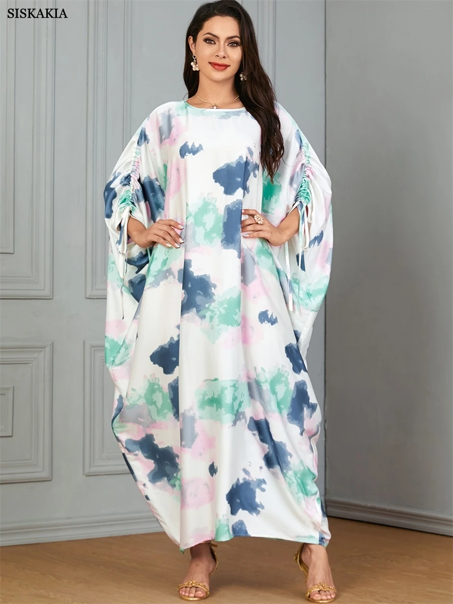 

Siskakia Muslim Dubai Casual Printing Batwing Sleeve Women Homewear Islam Clothing Moroccan African Abayas Turkish Saudi Dresses