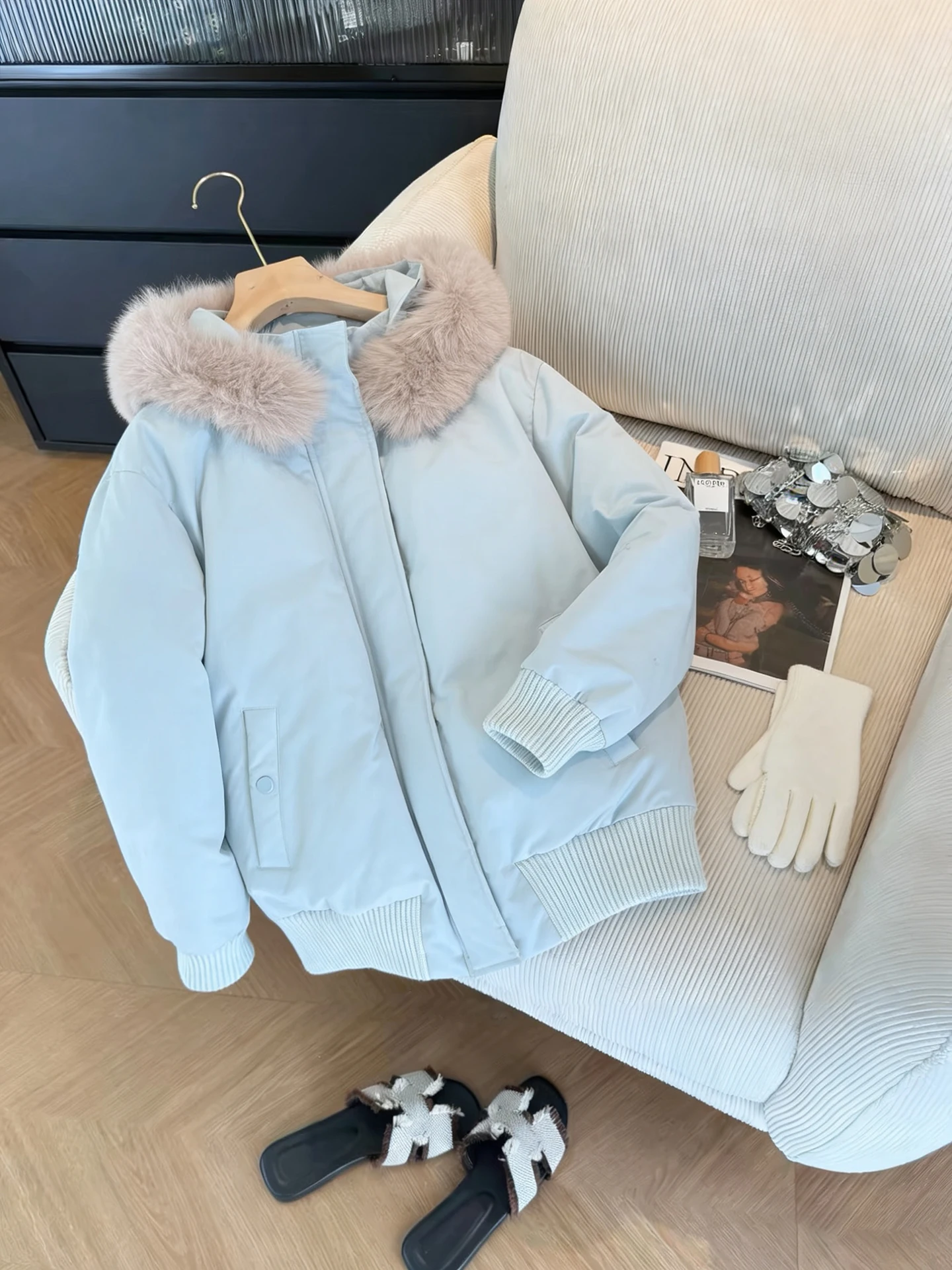 

Slimming Blue Hooded Cotton Jaet with Fur Collar Men's Women's Autumn Winter Faionable Loose Sle Korean Version Coat