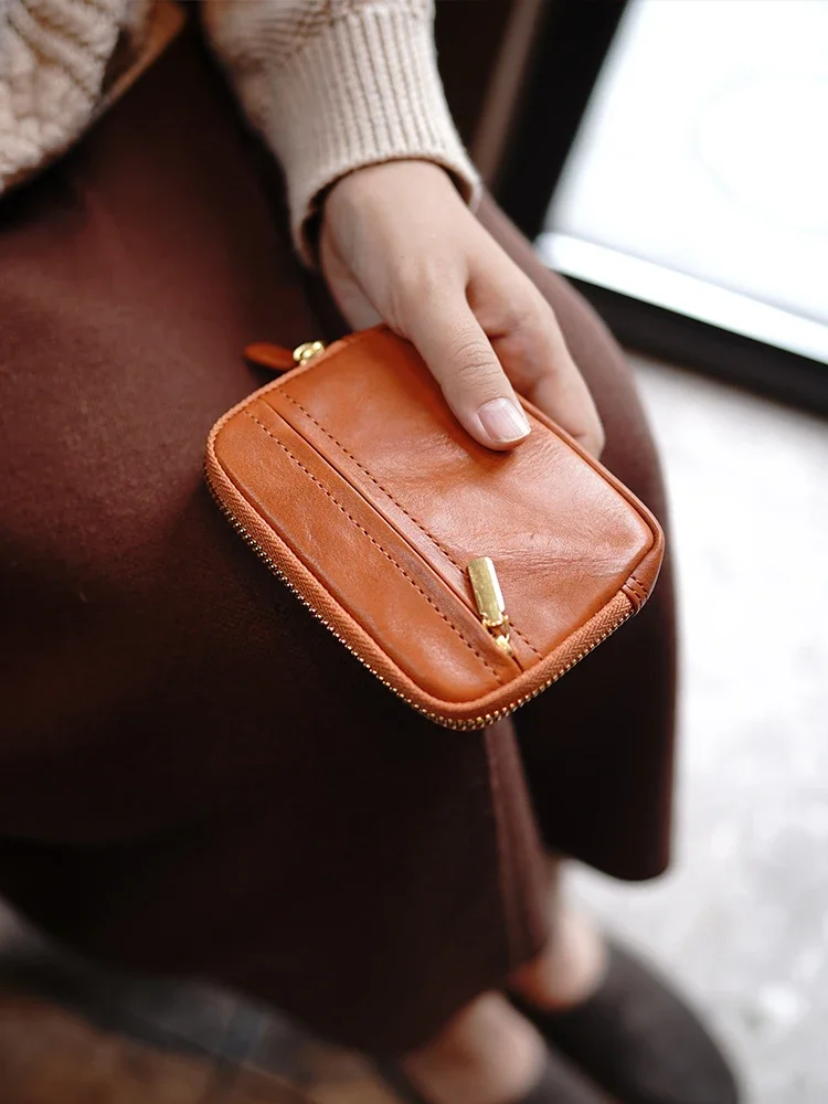 Custom Pleated Texture Vegetable Tanning Leather Classic Practical Card Headset Lipstick Change Purse