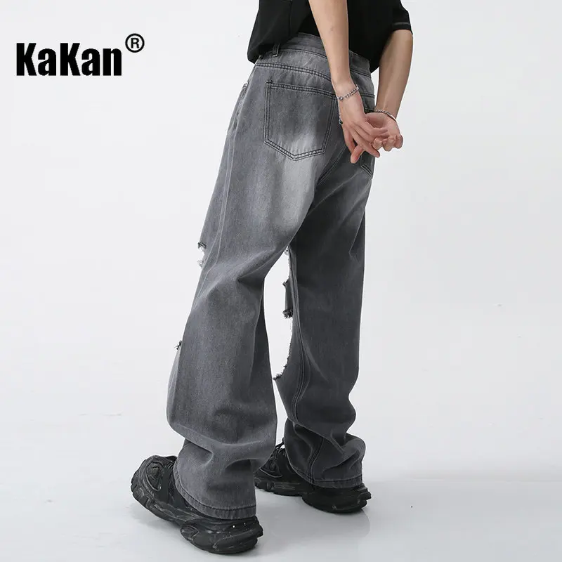 Kakan - American Style New Street Style Distressed Jeans for Men, Trendy Loose Fitting Straight Leg Wide Leg Long Jeans K50-473
