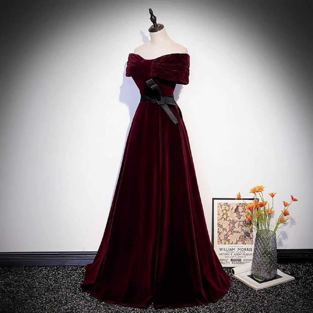 

Burgundy Velvet Evening Dress Princess Ribbon Belt Off The Shoulder A-line Floor-Length Woman Party Formal Occasion Prom Gowns