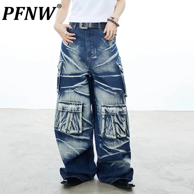

PFNW Men's High Street Multi Pockets Jeans Straight Denim Pants Worn Out Washed Vintage Male Trousers 2024 Autumn Chic 28W2749