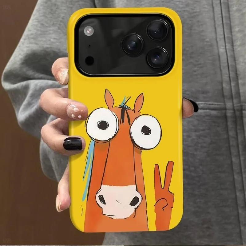 

Funny Googly Eyed Horse Cute Cartoon Yellow Shockproof Phone Case for iPhone 17 16 15 14 13 12 11 Pro Max Plus Back Cover