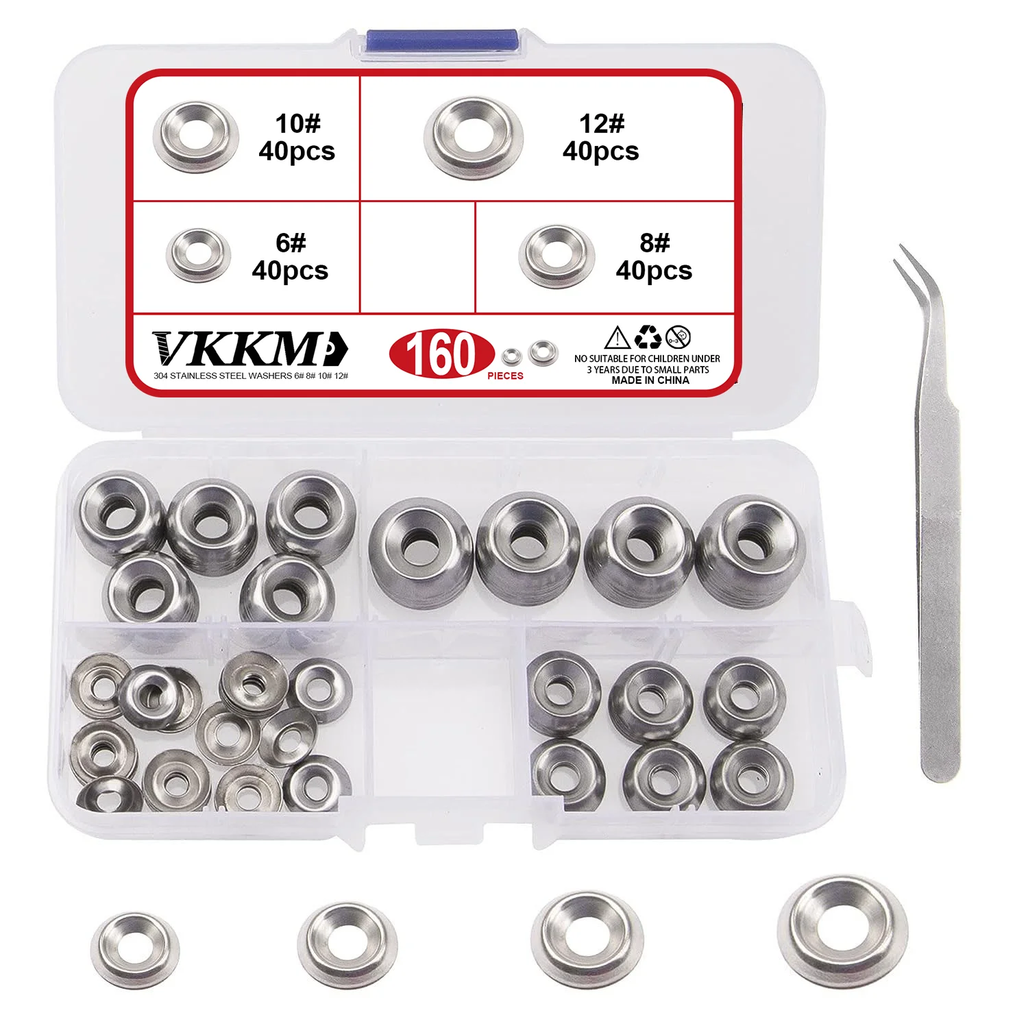 VKKM 304 Stainless Steel Washer Set - 160-Piece Assortment, Durable and Corrosion-Resistant, Ideal for Secure Fastening in Vario