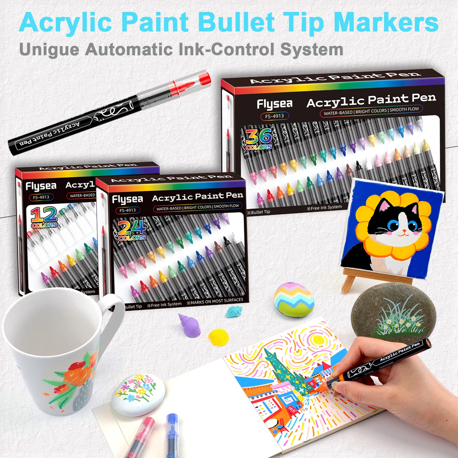 

Flysea Direct Liquid Acrylic Markers, Bullet Tip 1-2mm, Available in 12/24/36 Colors, High Coverage, Waterproof and Sun-Resistant, Smooth Ink Flow, Quick-Drying and Non-Bleeding, Suitable for Painting on Various Materials Such as Stone, Glass, Wood, Ceram