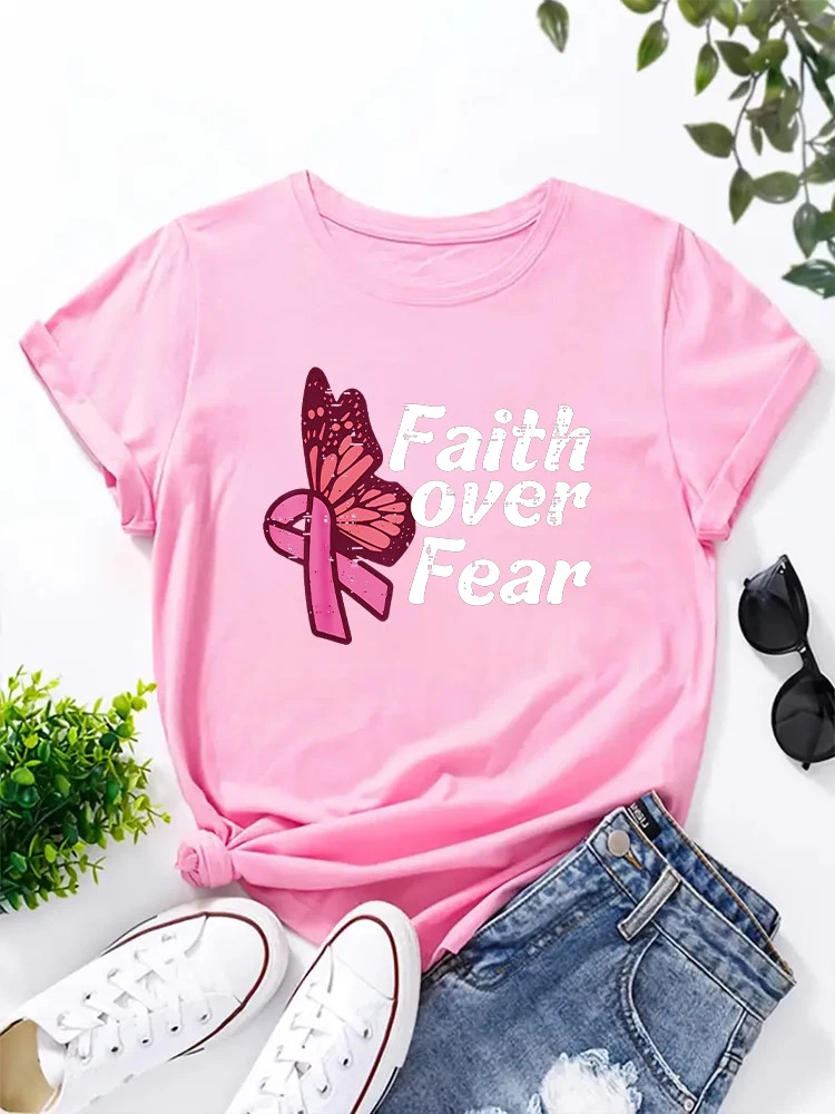 Faith Over Fear Letter Printed T-shirt Round Neck Women's Casual Comfortable Top Break Cancer Awareness Gift