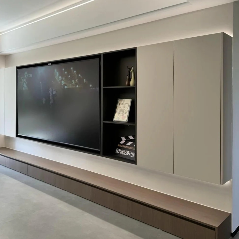 Modern Design Living Room Furniture Slate Background Wall Unit Storage TV Cabinet with Fireplace