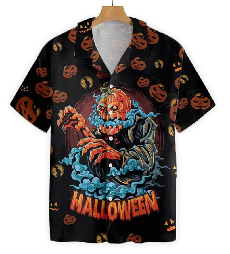 Men\'s Halloween shirt Cuban collar holiday party shirt Men\'s casual street short sleeved fashionable pumpkin head printed shirts