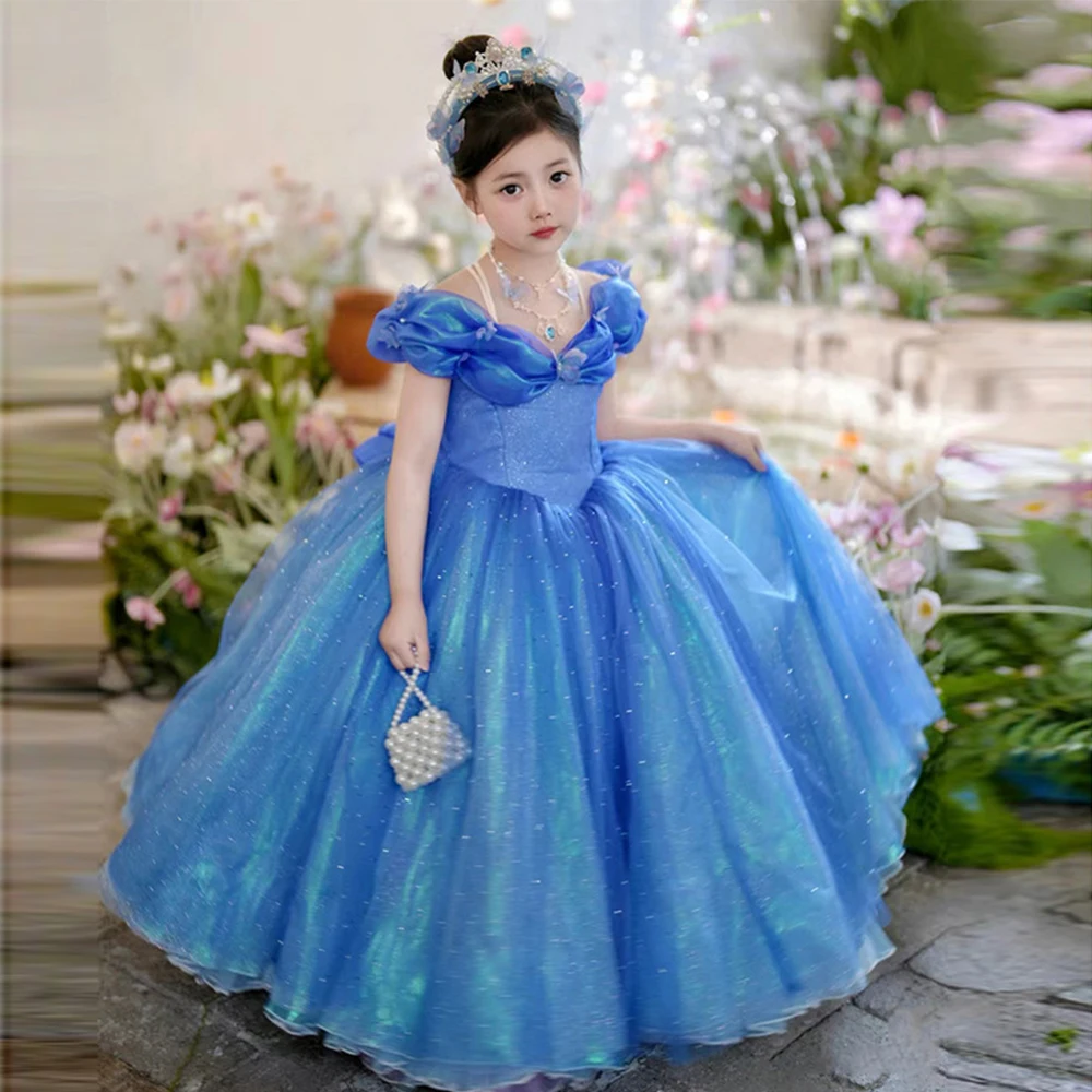 

Kids Girl Dress 2-10Y Formal Occasion Blue Ball Gown Off Shoulder Cinderella Costume Birthday Carnival Cosplay Vestidos Luxury