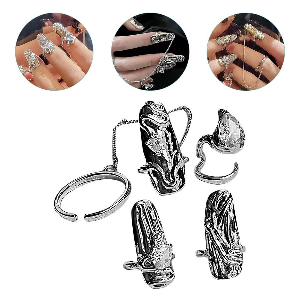 

4 Pcs Nail Decor Adjustable Rings Women Decoration Manicure Dress Silver Finger Tip Miss