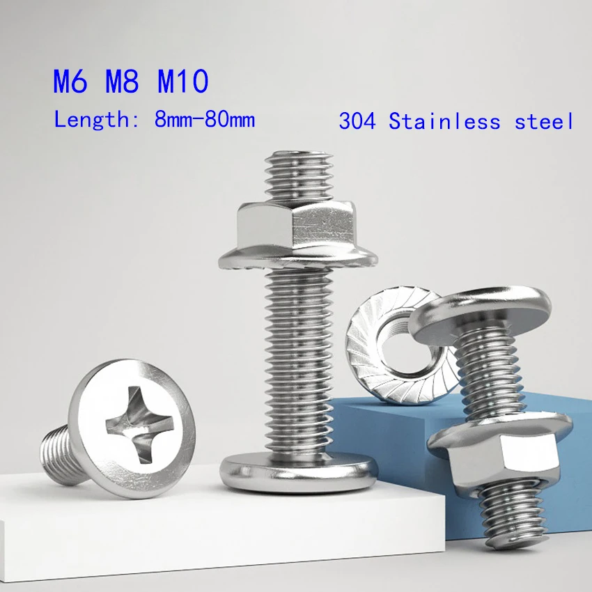 2-20 pcs 304 Stainless Steel Cross Flat Head Bolts, Hexagonal Nuts, Combination Fixed Furniture Screws M6 M8 M10