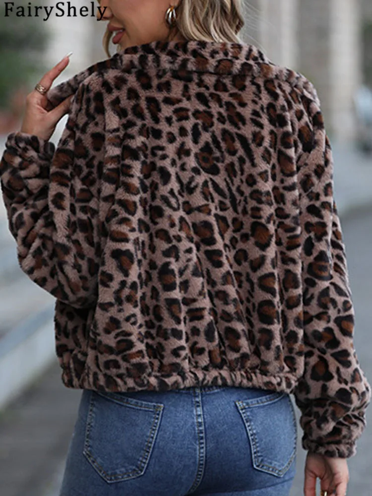 FairyShely 2024 Winter Leopard Print Women Jacket Thick Plush Hooded Warm Long Sleeve Coat Soft Zipper Loose Cardigan Lady Coat