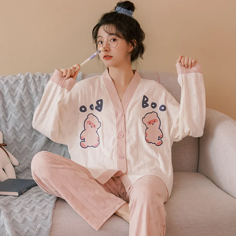 Pink Cartoon Pajamas Sets Women Cute Long Sleeves Long Pants Autumn Winter Kawaii Pyjamas Soft Pijamas Cozy Sleepwear Button Pjs