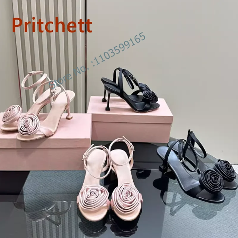 Solid Satin Rose Sandals Round Toe Buckle Strap Thin Heels Women\'s Shoes Ankle Strap Pink Black Summer Stiletto Shoes Luxury