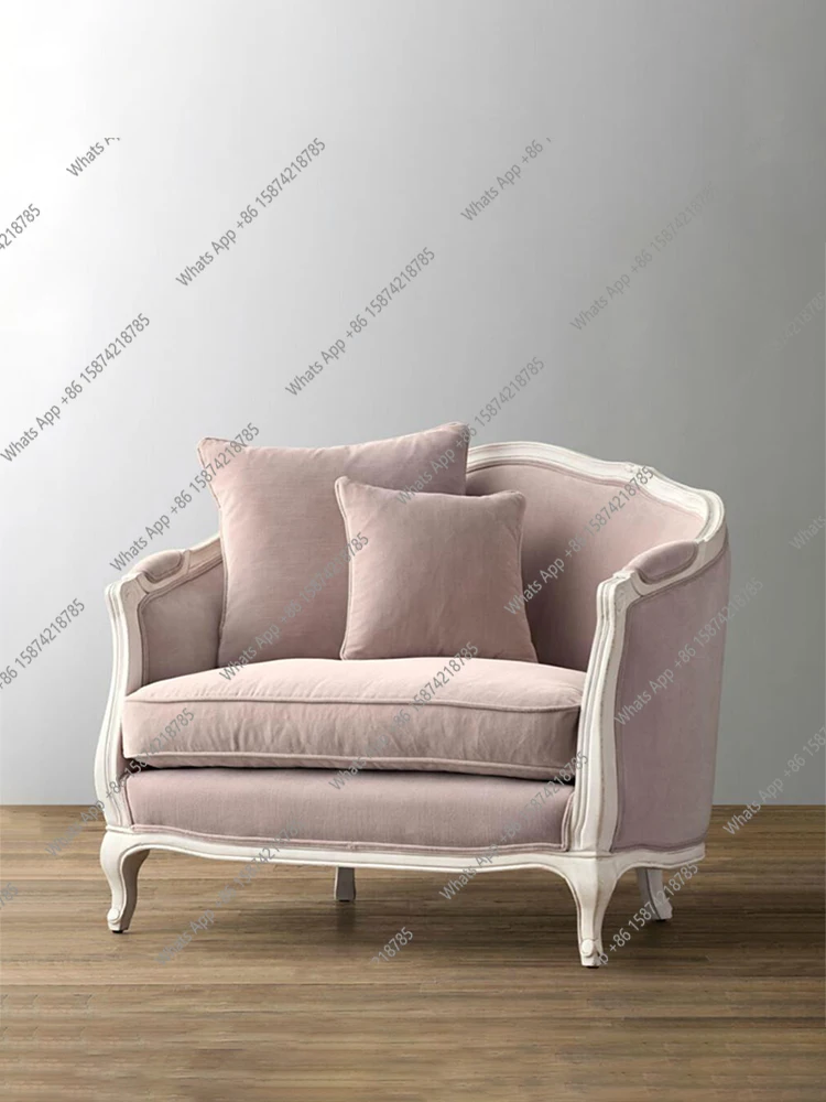 

Американский винтажный диван-кресло из цельной древесины, одиночный маленький диван, маленькая квартира, балкон в спальне, кресло принцессы, розовая ткань