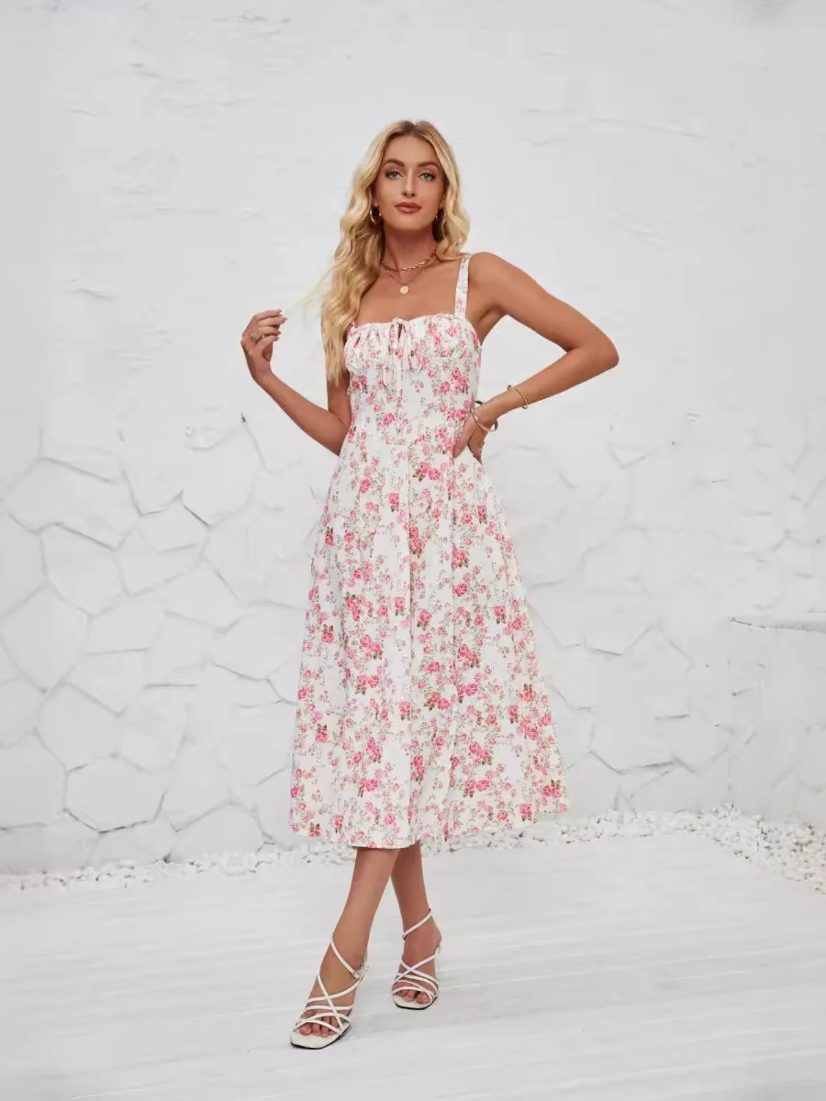Summer Casual Print Long Dr Women's High Waist A-Line Skirt Polyester Fiber No Sve U-Ne Gown Chinese Production