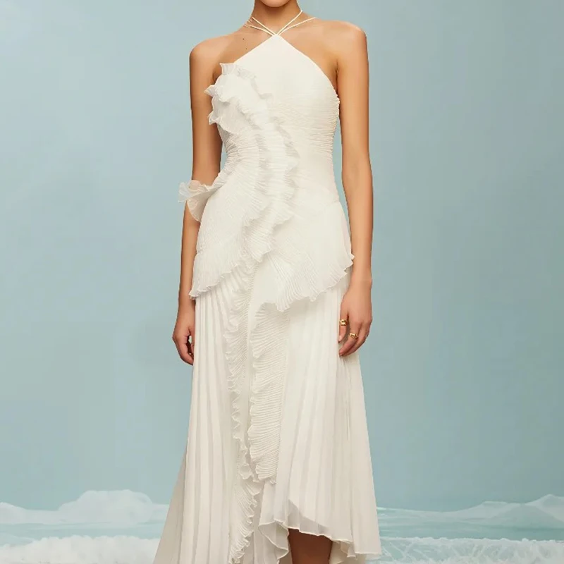 Abito lungo plissettato con volant da donna elegante senza maniche Halter irregolare a strati pieghettato fluido al ginocchio maxi abiti da festa di nozze