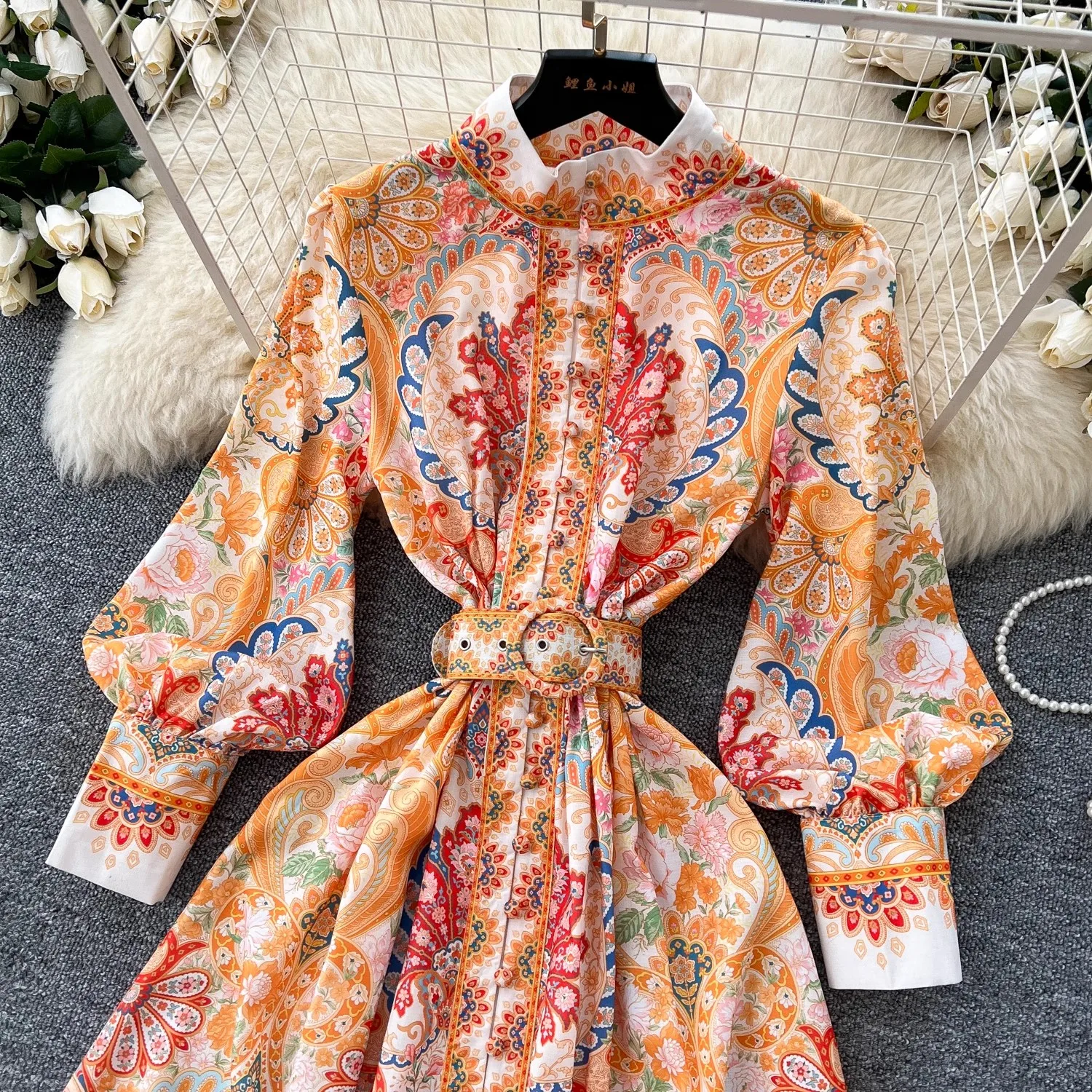 Verão outono férias muçulmanos floral maxi chiffon vestido camisa lanterna feminina manga longa cinto vintage impressão vestidos longo robe
