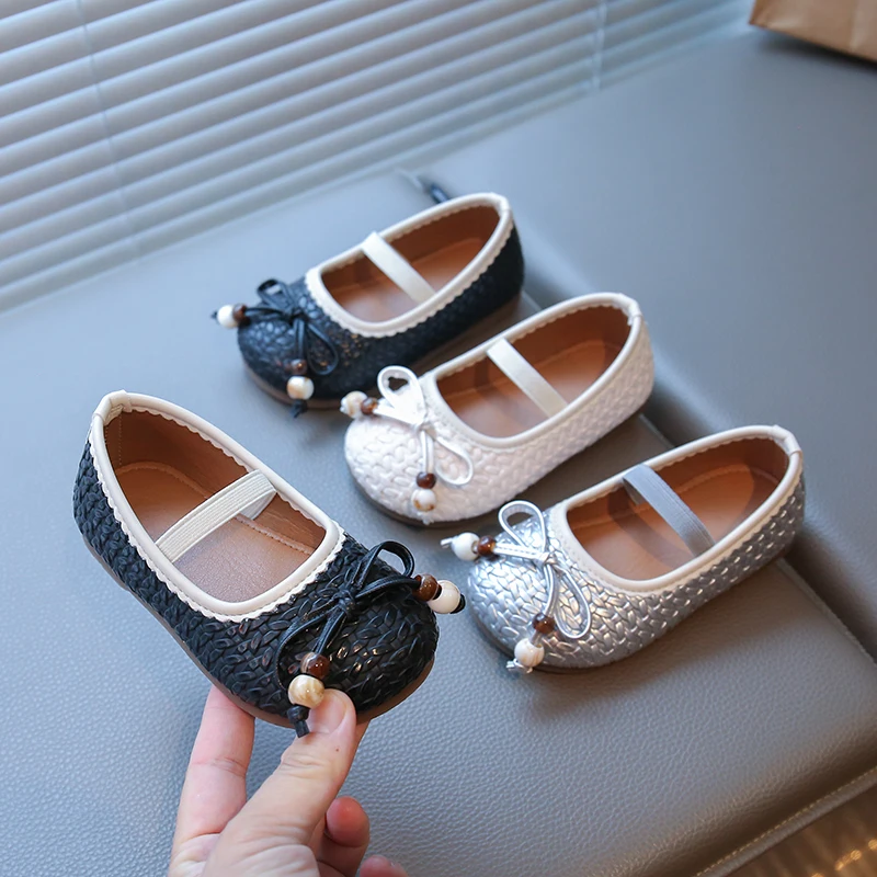 

Girls Casual Leather Shoes Weave Sweet Kids Flats with Simple Bows 2025 Autumn New Children Princess Dance Shoes Korean Style