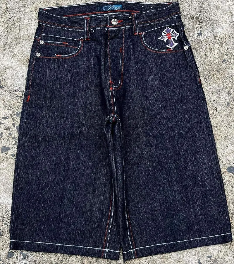 Calça jeans preta com estampa gráfica masculina, calça de rua alta, jeans largos góticos vintage Harajuku, calça casual de pernas largas, roupas masculinas