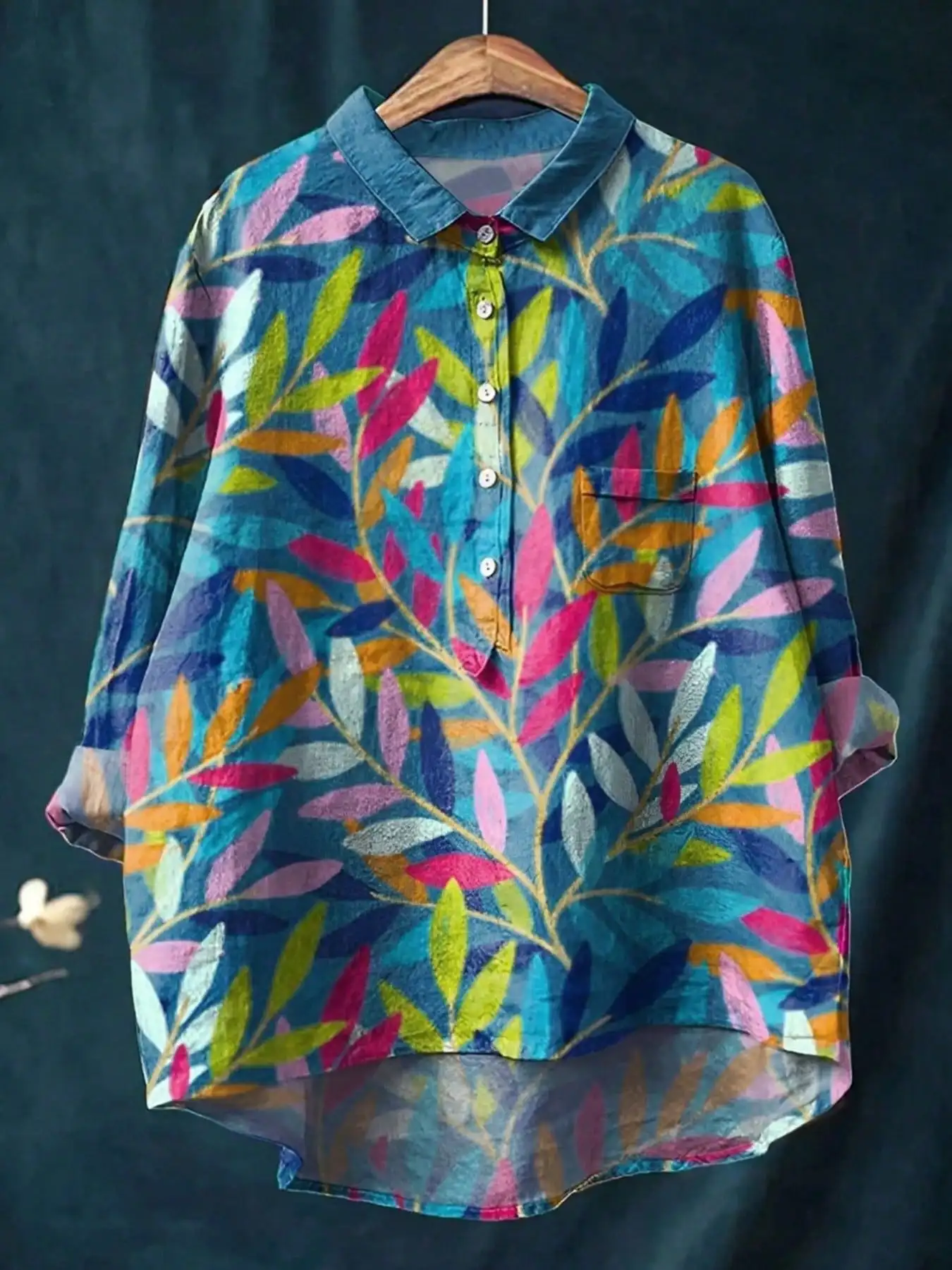 

Женская повседневная блузка с рукавом три четверти и имитацией вышивки в стиле ретро с цветочным принтом - имитация вышивки