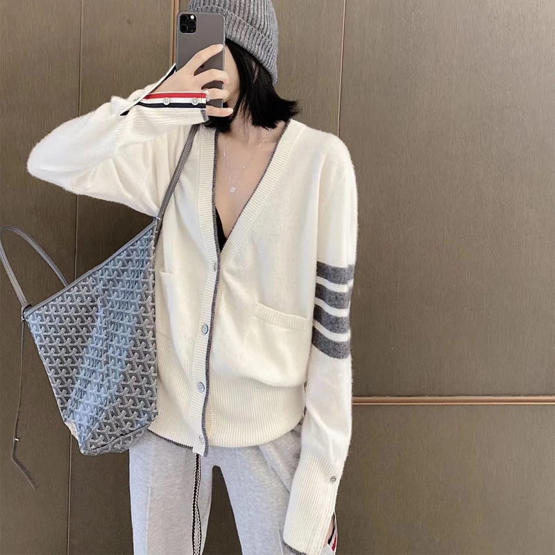 Camisola de caxemira com decote v feminina, cardigã casual, manga comprida, estilo TB, nova venda quente, outono e inverno