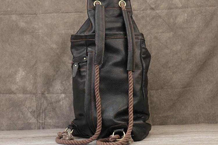 Men's Backpack Large Capacity Drawstring Backpack Soft Genuine Leather Bucket Bag Women Concise School Travel Bag Male Schoolbag