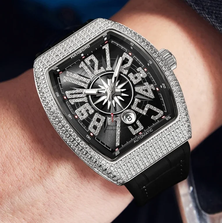 

HANBORO Мужские автоматические часы 43,5 мм Механические наручные часы Светящийся корпус Tonneau 5ATM Водонепроницаемый 445 шт. Хрустальный корпус